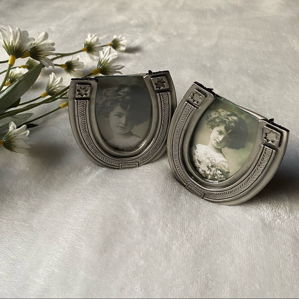 Bundle Lot of Two Small Vintage Silver Horseshoe Picture Frames